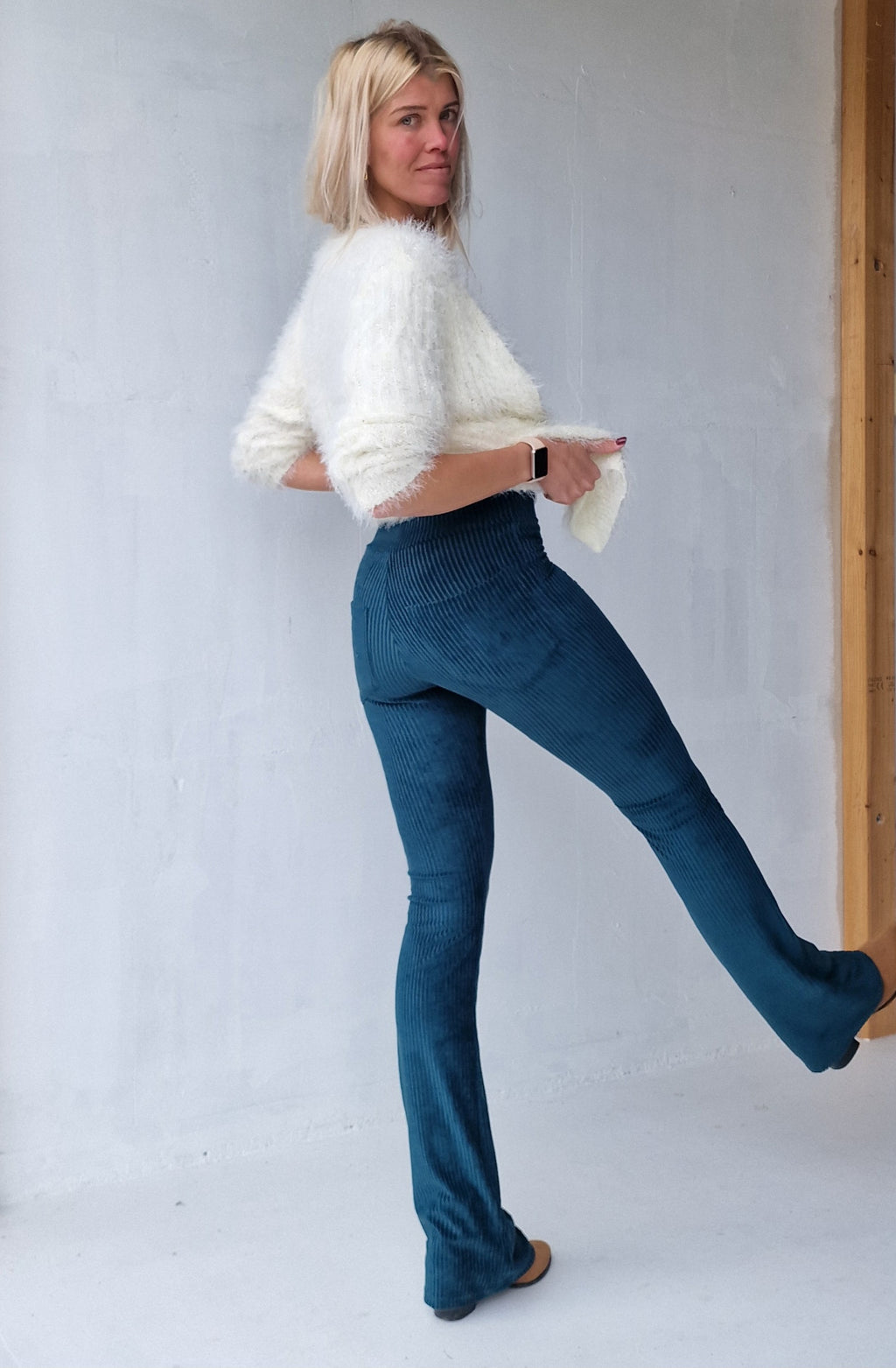 Extra lange flared legging | rib petrol | tall | lengtemaat 36