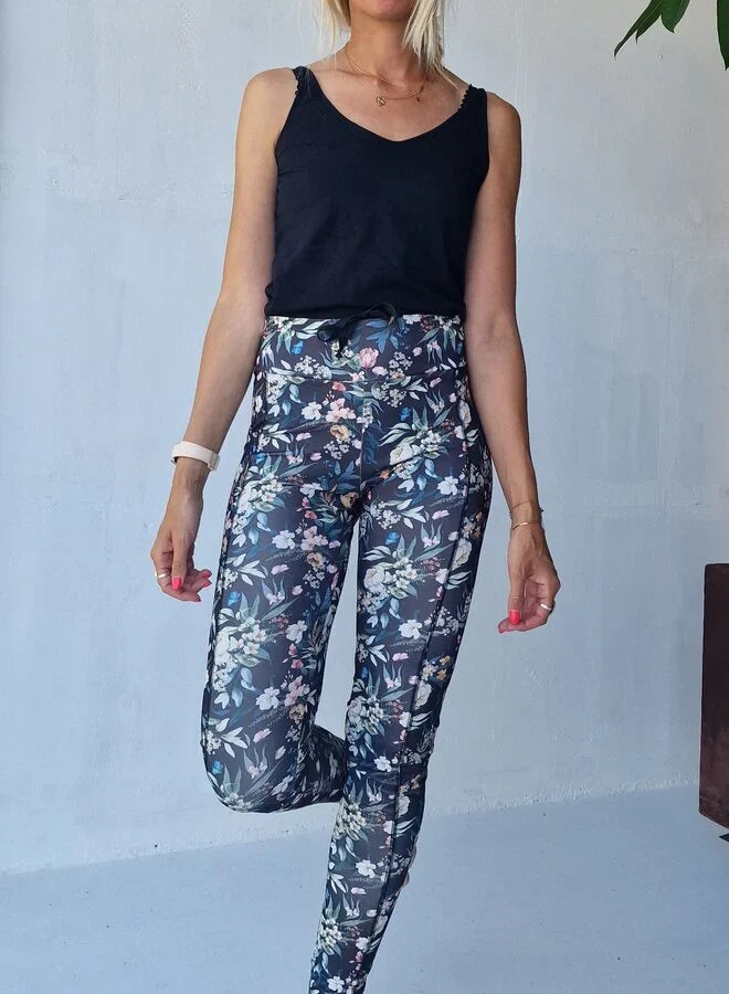 Lange sportlegging | met steekzak & koordje | black / flowers